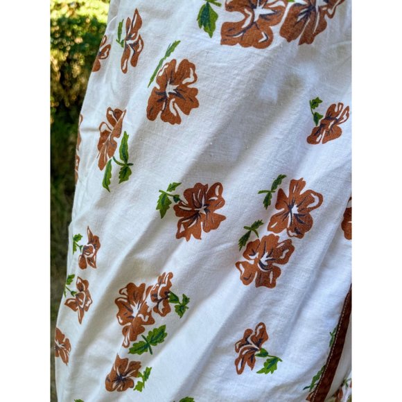 Vintage Brown Green Floral Long Half Apron Ric-rac Farmhouse - Picture 7 of 11